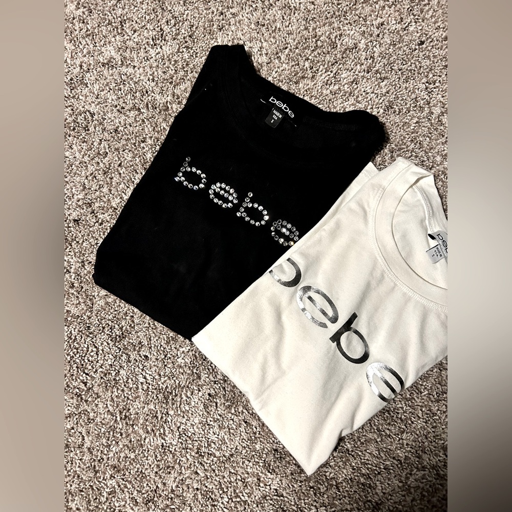 Bebe Rhinestone Logo Black | Bebe Metallic White T - Shirt Size Small
